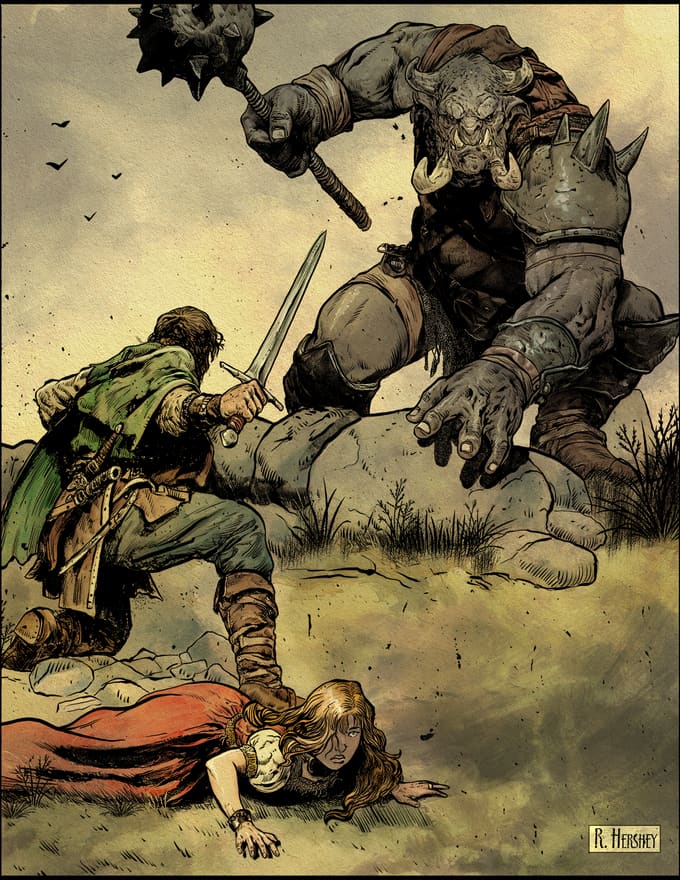 A swordsman facing an ogre over a fallen woman