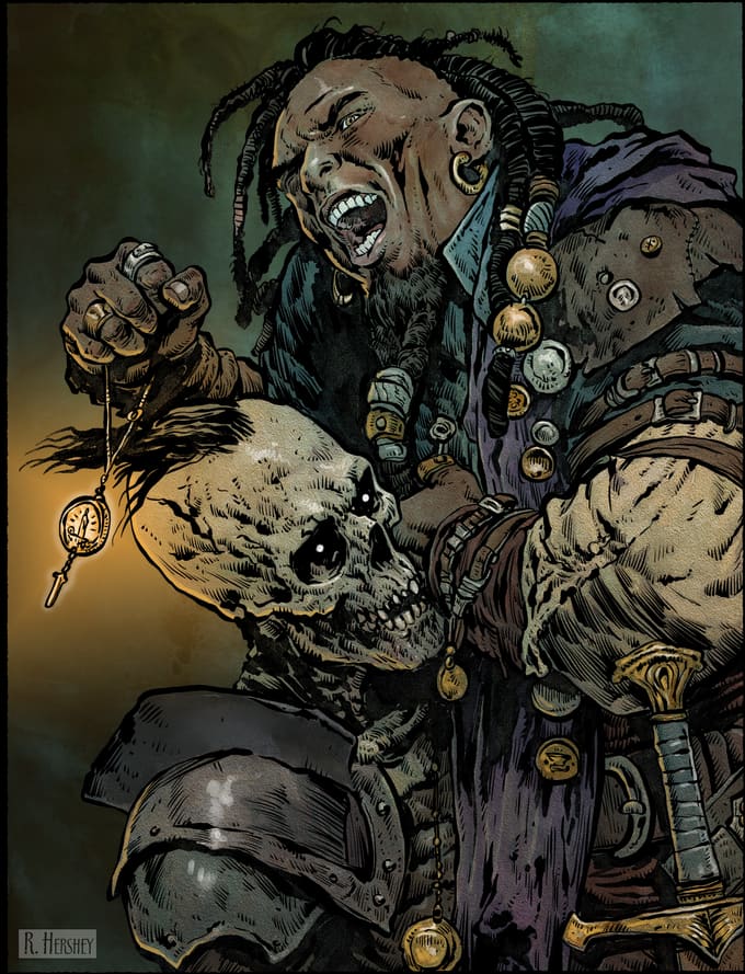 A laughing man in armor holding up a skull
