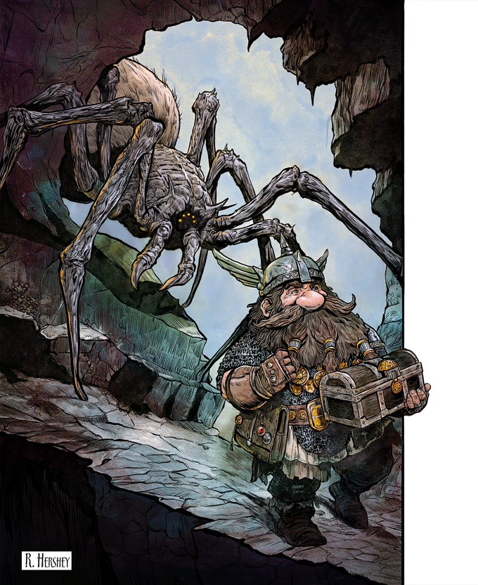 A dwarf with a chest beneath a giant spider