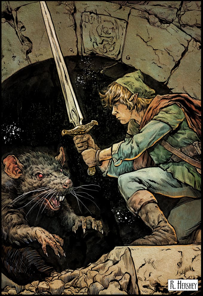 A swordsman fighting a giant rat in a sewer