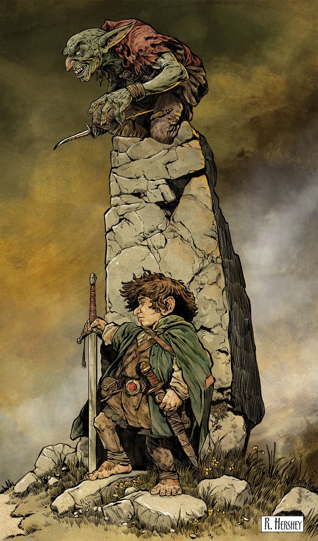 A halfling resting at the foot of a standing stone