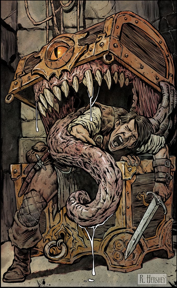 A mimic chest swallowing a man