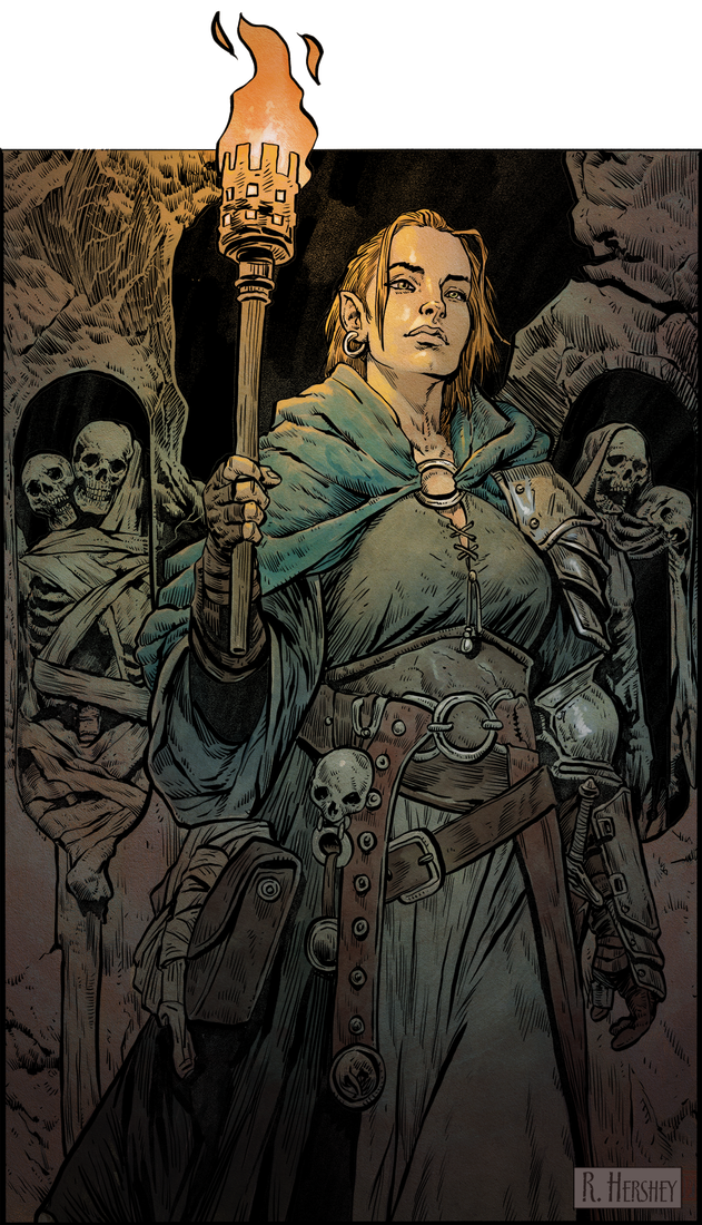 A woman with a torch in a crypt of skeletons