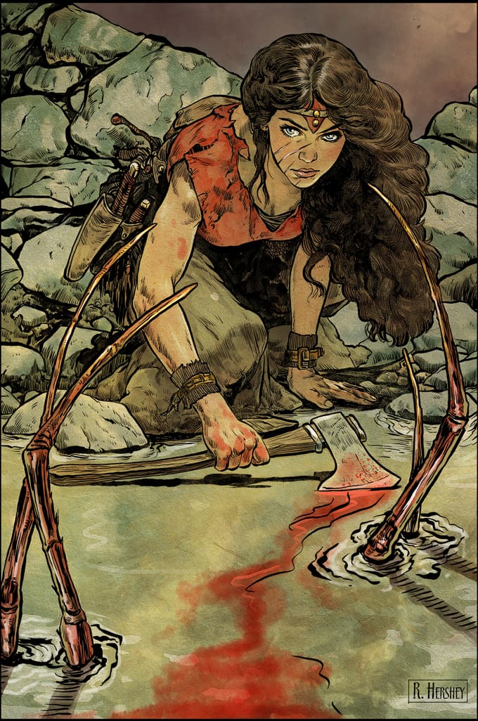 A woman with a bow kneeling by blood-red water