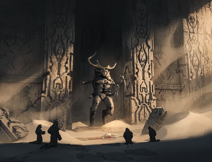 A desert cult gathered at a great statue