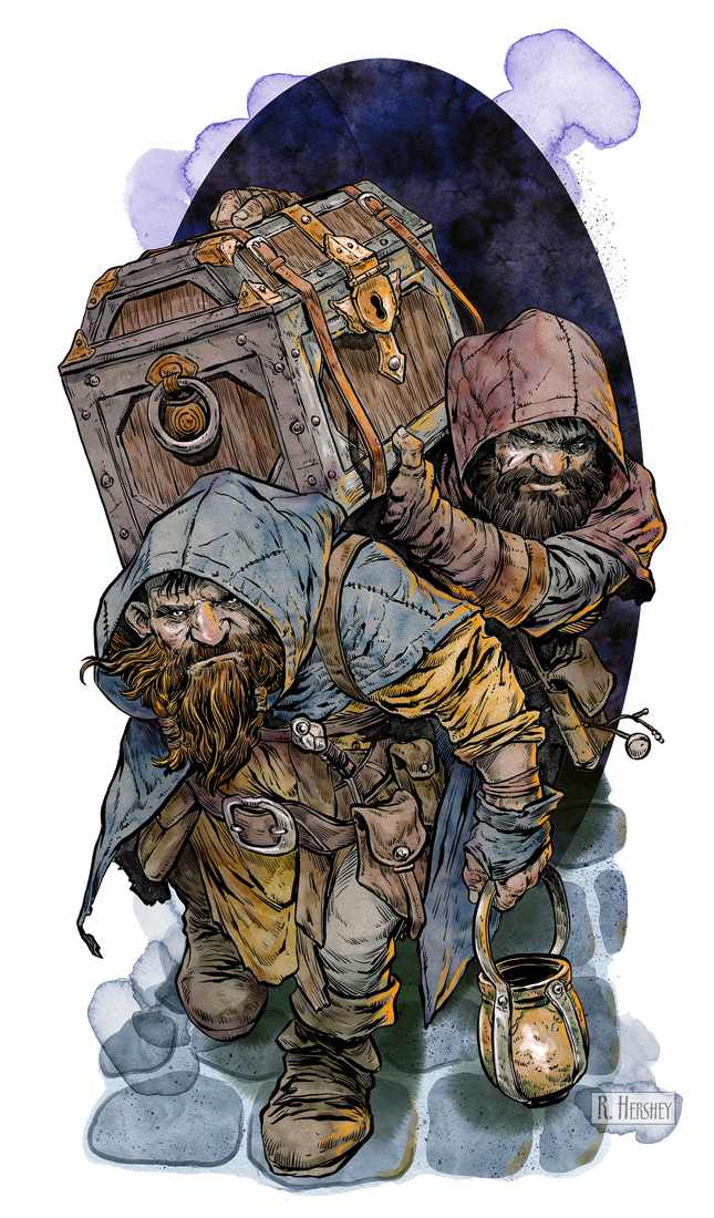 Two dwarves carrying a treasure chest