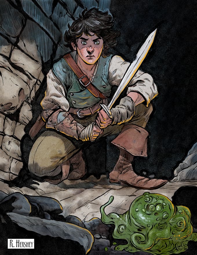 A boy with a sword in a dungeon, a green slime at his feet