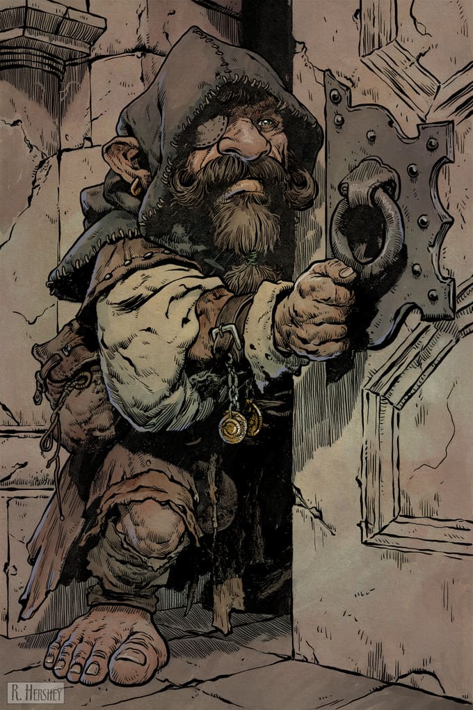 A dwarf working a lock with a pick