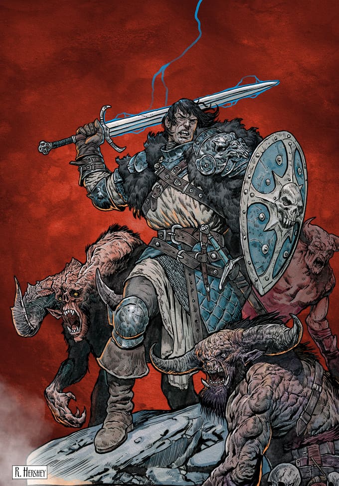 An armored knight with a shield cutting through demons