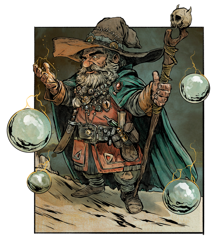 A gnome wizard among floating orbs