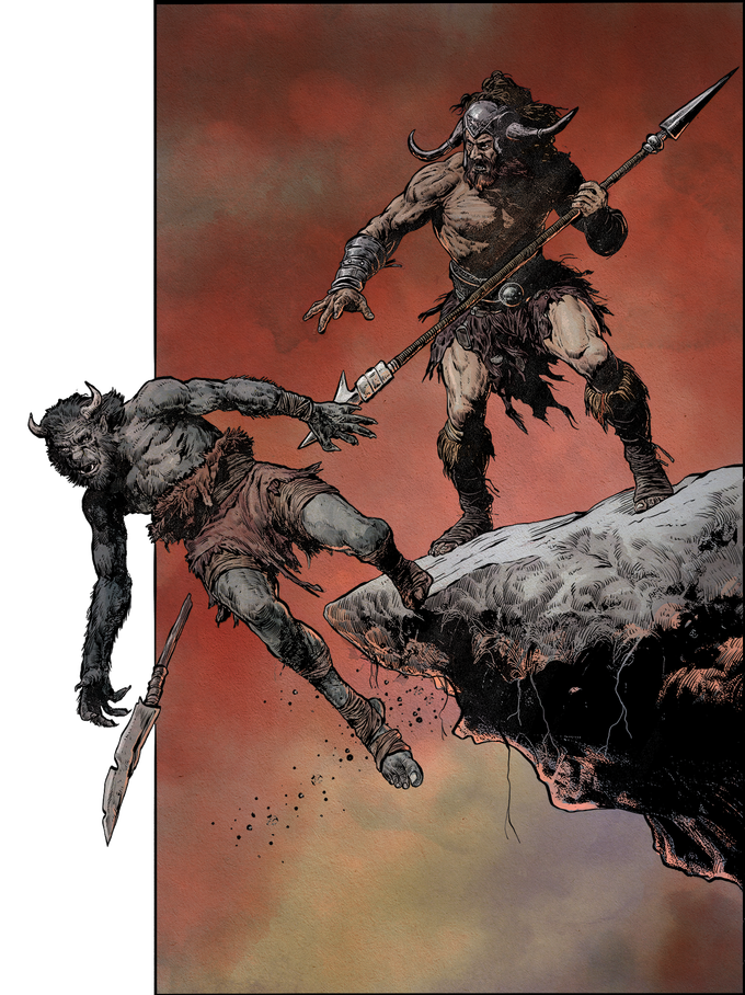 A barbarian throwing an enemy off a cliff edge