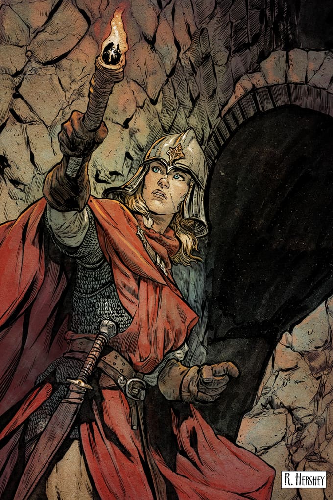 A woman in a red cloak raising a torch in a dark passage