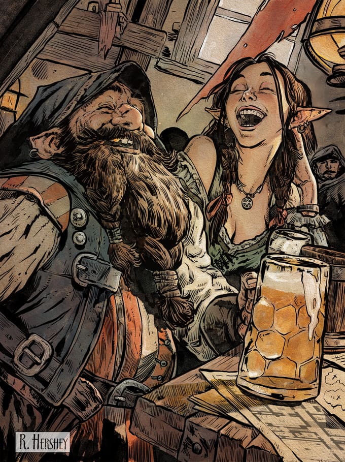 A dwarf and an elf laughing over tankards in a tavern