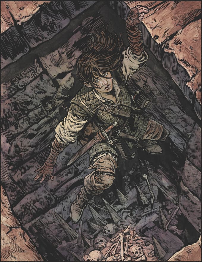 A woman falling into a pit trap