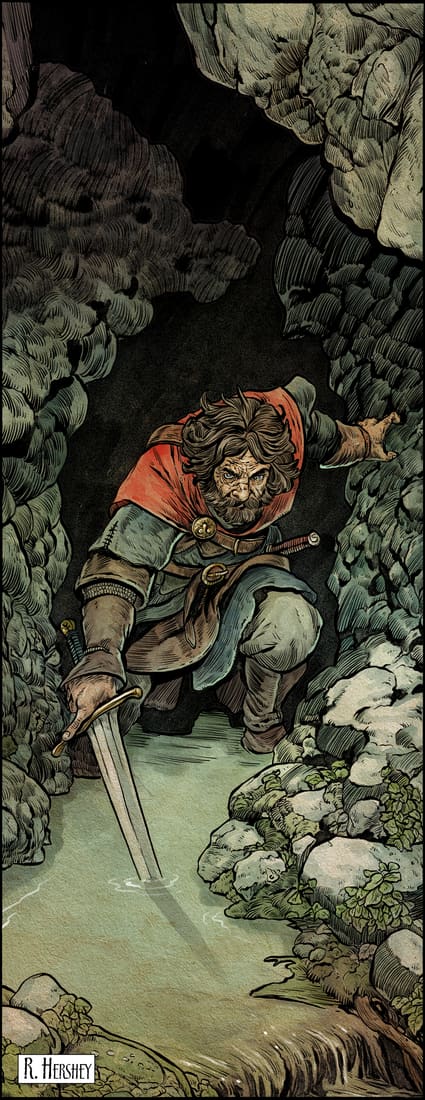 A figure climbing down a narrow gorge