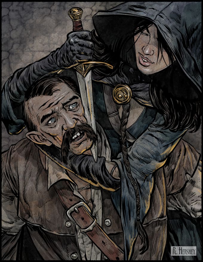 A woman holding a knife to a man's throat